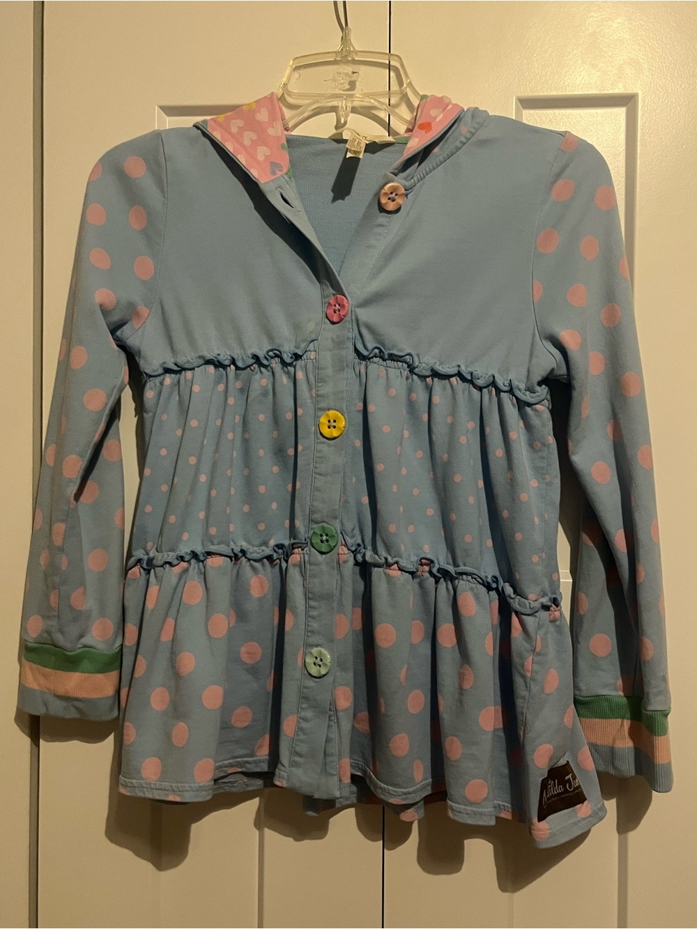 Matilda Jane Blue and Pink Polka Dot Hooded Button-Down Top girls size 10